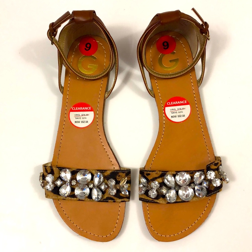 G by Guess Brown Leopard Print Jeweled Ankle Strap Sandals